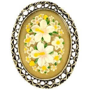 Vintage Floral Barouche Brooch Oval Lucite Glass Flowers Gold Tone Filigree